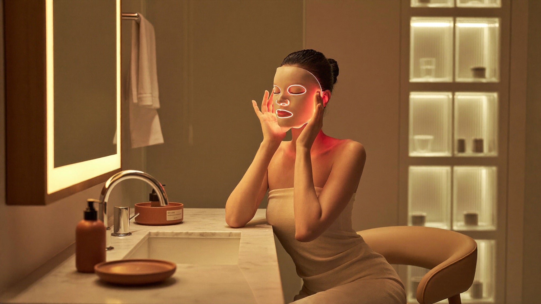 Woman wearing LUNÉA LED therapy mask at marble vanity — warm ambient light editorial