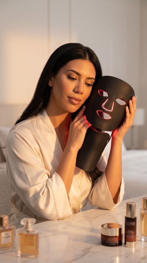 LUNÉA LED mask held at vanity — premium ritual moment